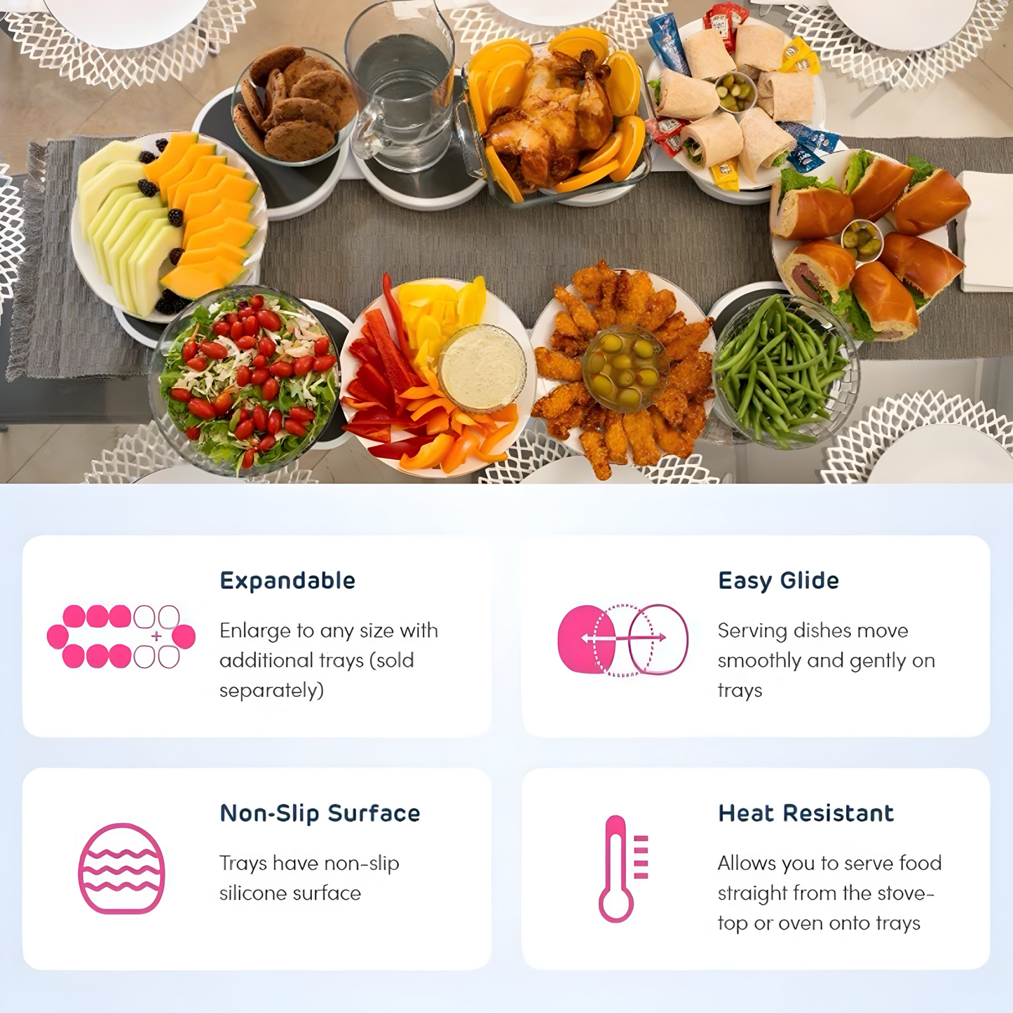 Lazy Susan Revolution – Erweiterbare 360° Drehtablett für Rechteckige Esstische | Modernes, Rutschfestes & Hitzebeständiges Serviergestell mit Leichtlaufrollen | Perfekt für Familienessen & Partys
