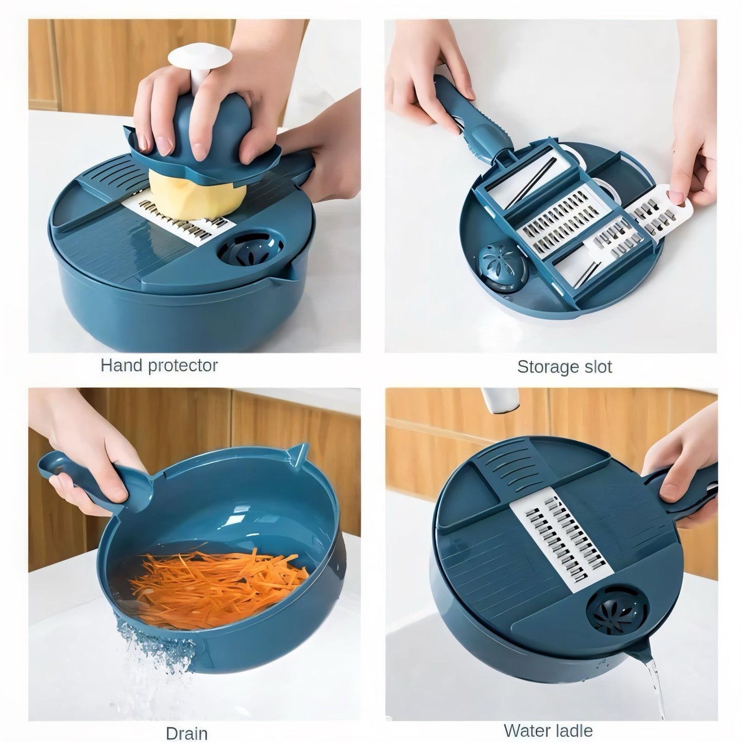 Multifunktionale 16-in-1 Gemüseschneider & Mandoline | Hochwertiger Küchenhobel mit Edelstahlklingen | Inklusive Abtropfkorb, Handschutz & Aufbewahrung | Perfekt für Gemüse, Obst & Käse