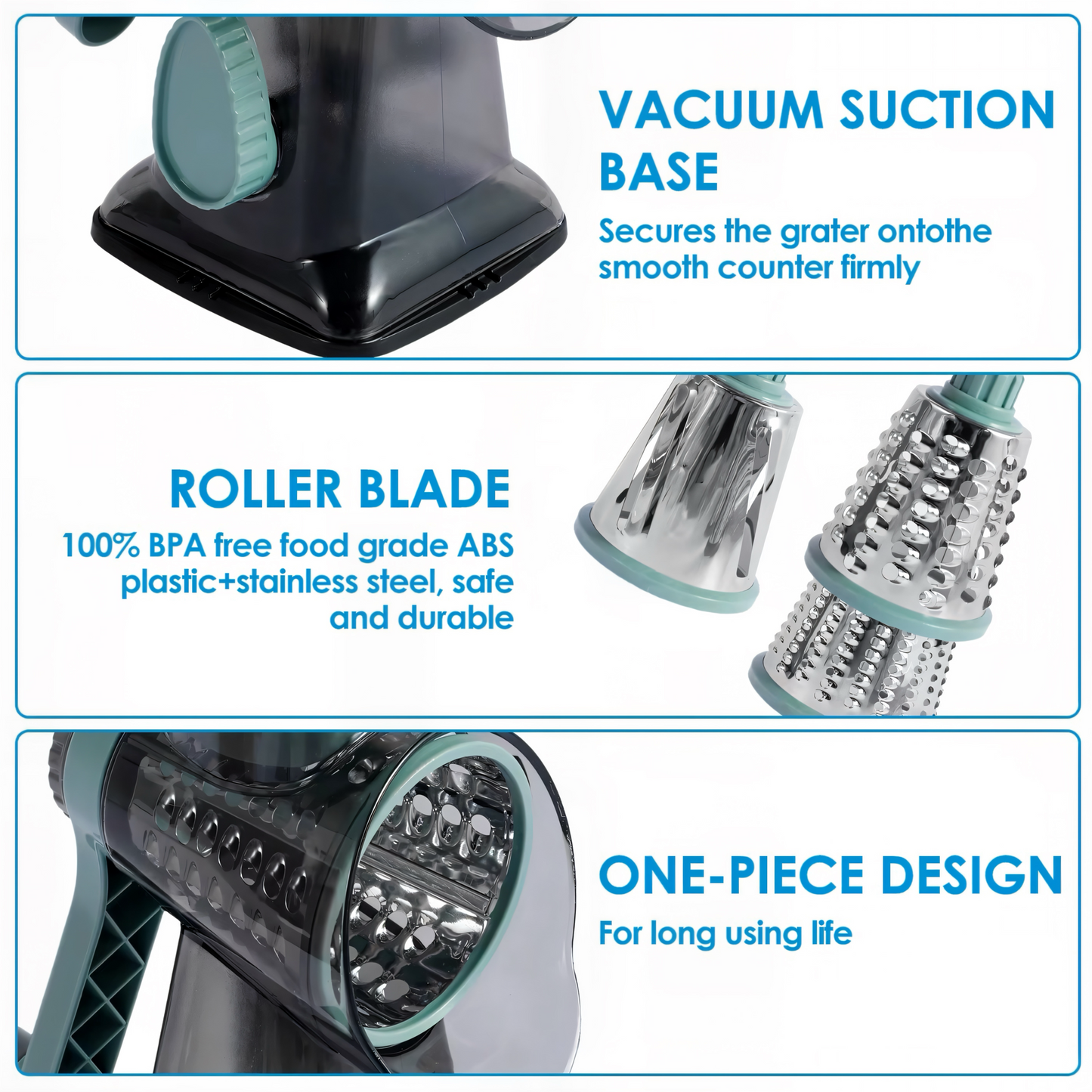3-in-1 Profi Trommelreibe – Ultra Scharfe Edelstahlklingen | Multifunktionale Küchenreibe für Käse, Gemüse & Nüsse | Ergonomisch, Rutschfest & Spülmaschinengeeignet – Perfekt für Gourmet-Küchen