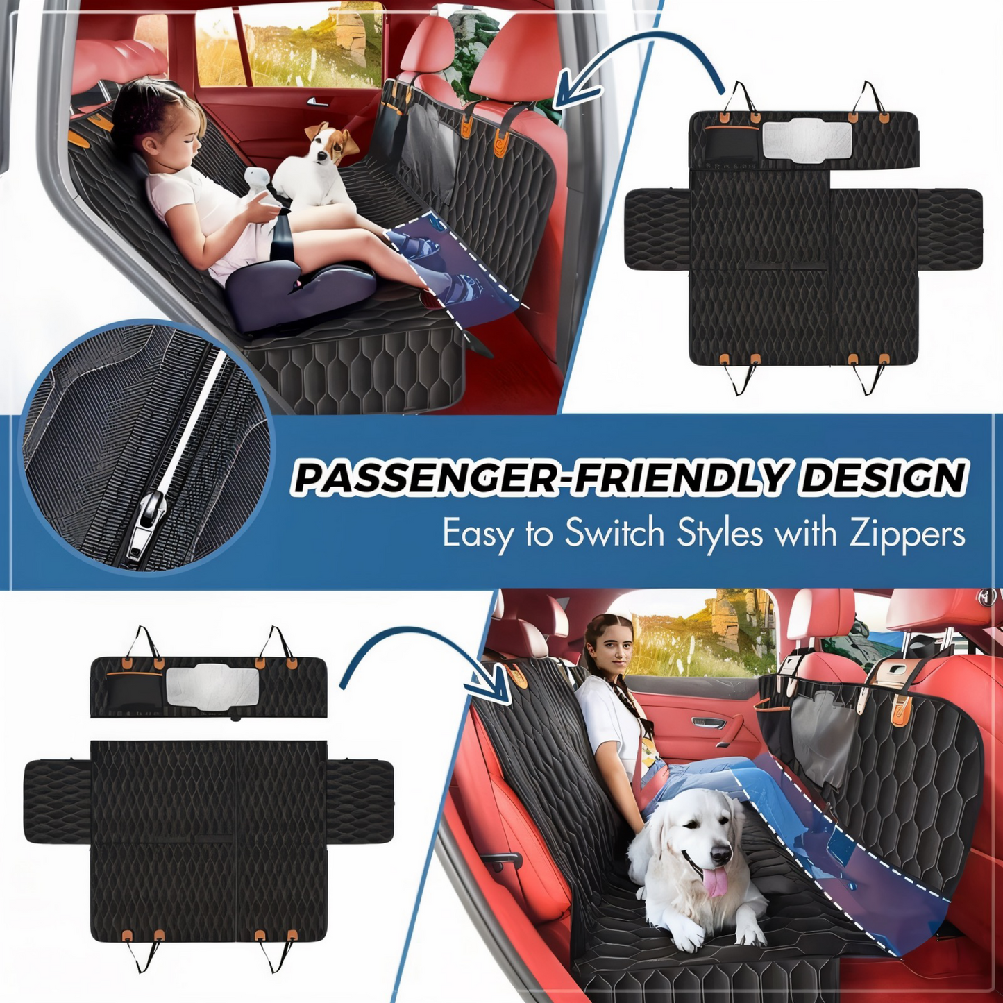 4-in-1 Premium Hundesitzbezug für Auto – Wasserdicht, Kratzfest & Rutschfest | Universeller Rücksitz- & Kofferraumschutz mit Netzfenster für bessere Belüftung | Perfekt für Hunde & Haustiere