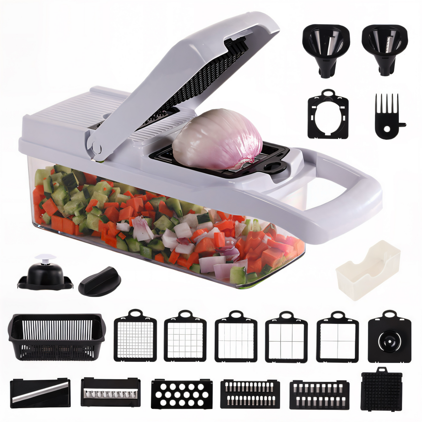 22-in-1 Profi Gemüseschneider – Multifunktionale Mandoline mit Edelstahlklingen | Würfelschneider & Reibe für Gemüse, Obst & Käse | Rutschfest & Spülmaschinenfest