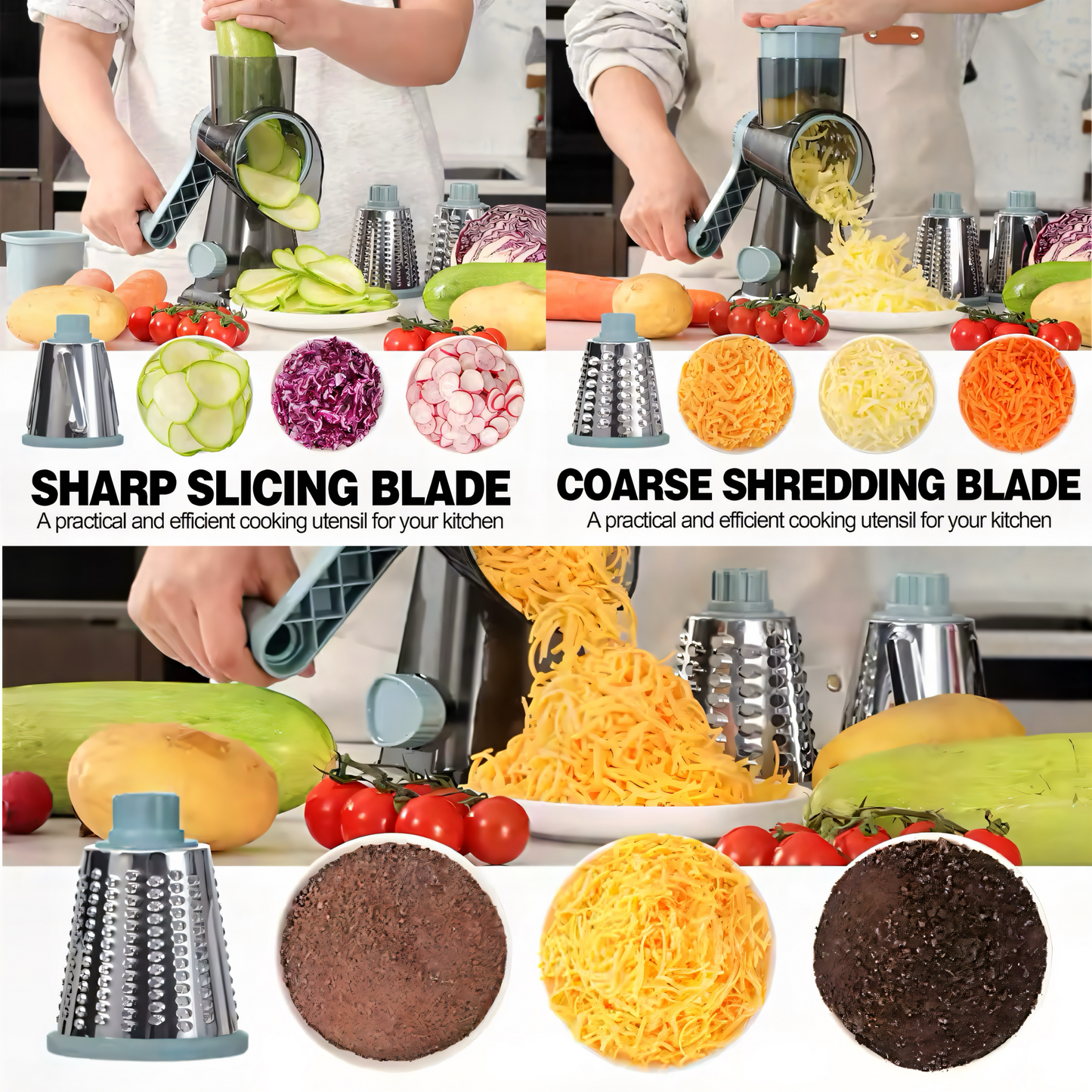 3-in-1 Profi Trommelreibe – Ultra Scharfe Edelstahlklingen | Multifunktionale Küchenreibe für Käse, Gemüse & Nüsse | Ergonomisch, Rutschfest & Spülmaschinengeeignet – Perfekt für Gourmet-Küchen