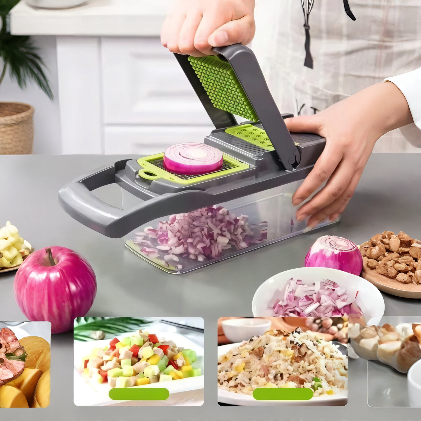 Multifunktionaler 16-in-1 Gemüseschneider – Hochwertiger Edelstahl | Perfekt für Würfeln, Schneiden, Raspeln & Hobeln | Mit 8 austauschbaren Klingen, Handschutz & Abtropfsieb | Ideal für die Küche