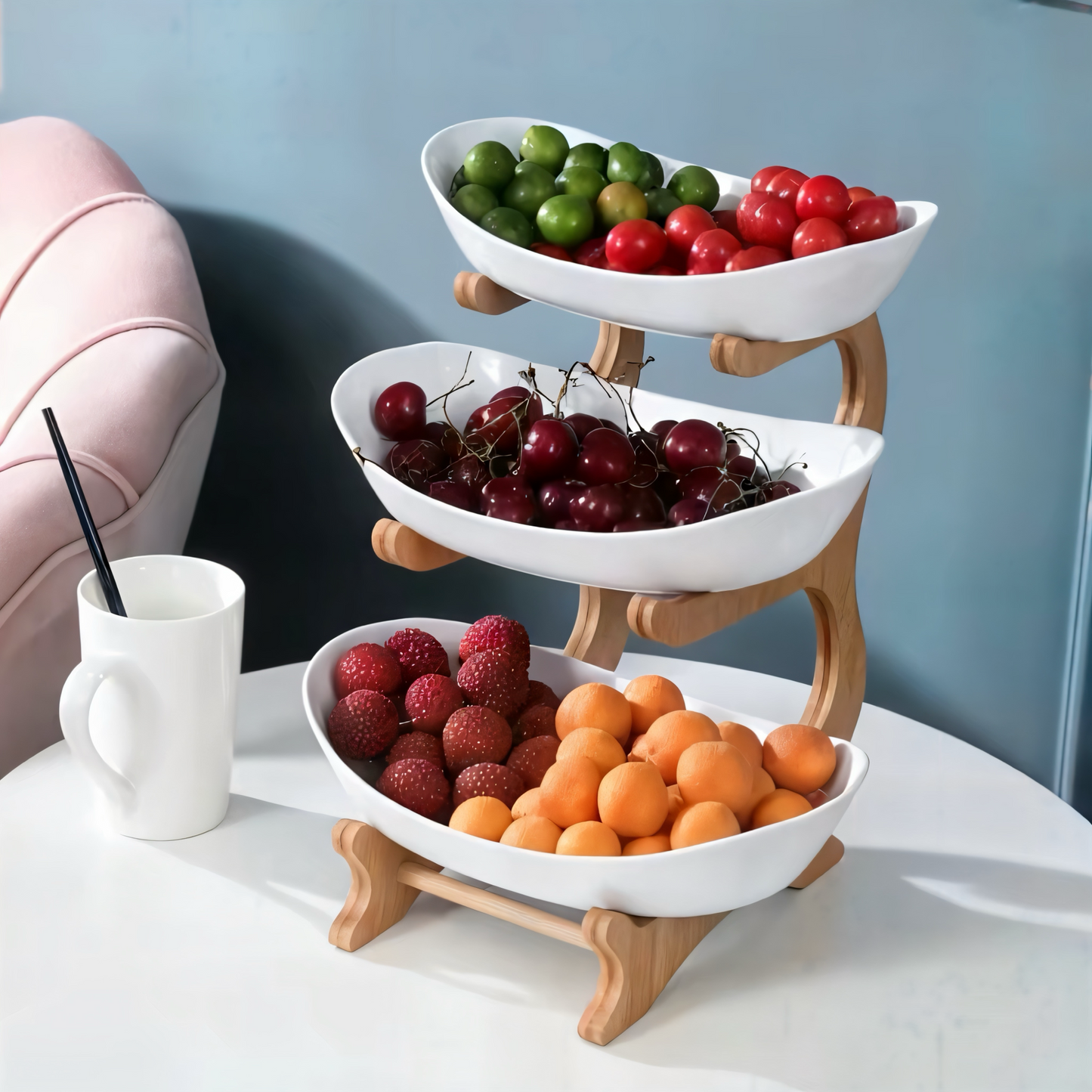 3-stöckige Bambus Etagere – Multifunktionaler Obstkorb & Servierständer mit abnehmbaren Schalen – Perfekt für Obst, Gemüse, Snacks, Nüsse & Gebäck – Stilvolle Aufbewahrung für Küche & Esstisch