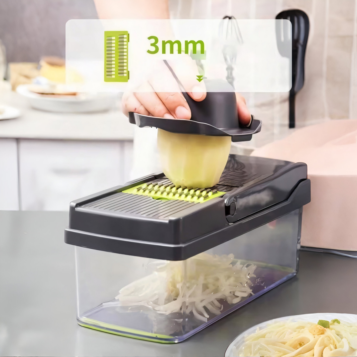 Multifunktionaler 16-in-1 Gemüseschneider – Hochwertiger Edelstahl | Perfekt für Würfeln, Schneiden, Raspeln & Hobeln | Mit 8 austauschbaren Klingen, Handschutz & Abtropfsieb | Ideal für die Küche