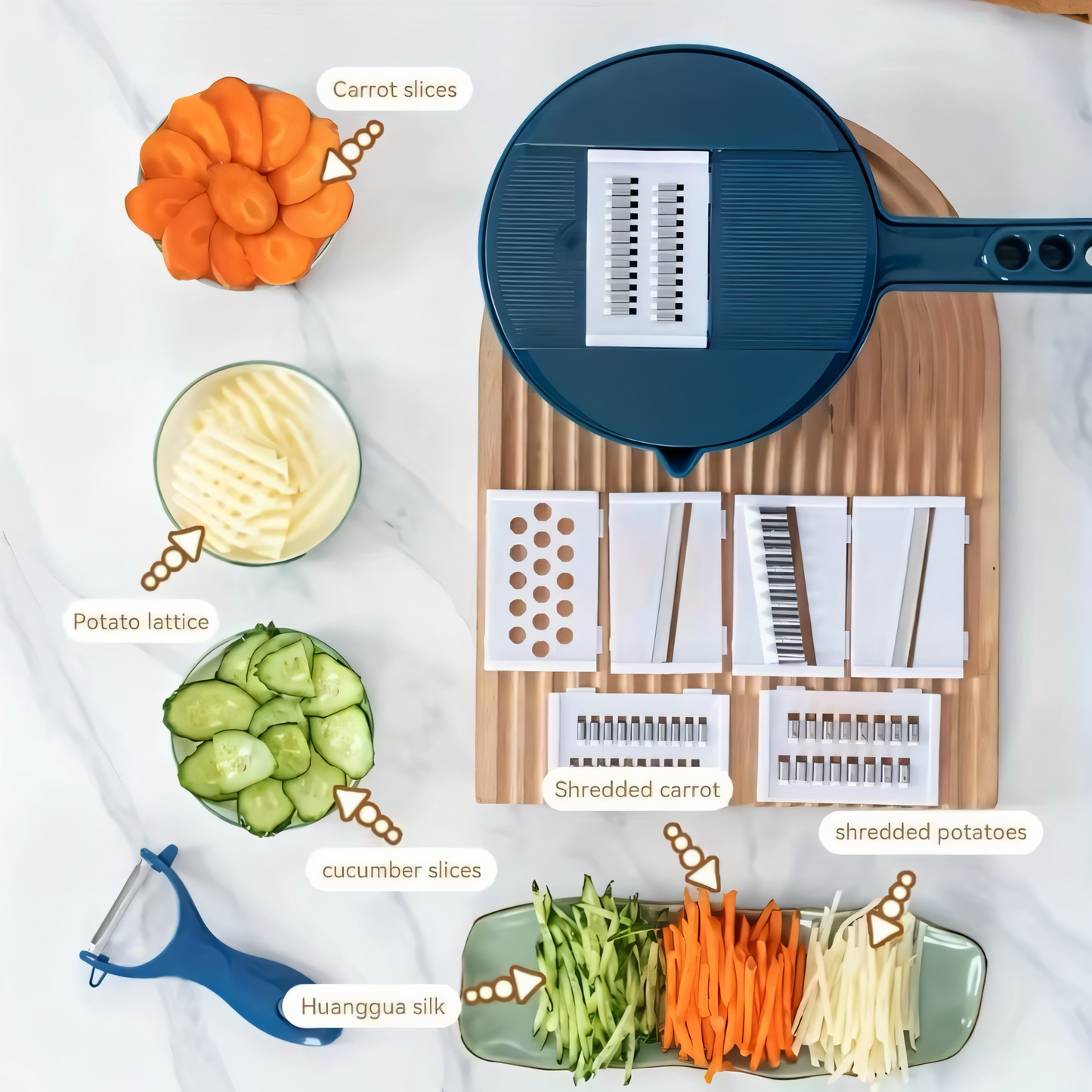 Multifunktionale 16-in-1 Gemüseschneider & Mandoline | Hochwertiger Küchenhobel mit Edelstahlklingen | Inklusive Abtropfkorb, Handschutz & Aufbewahrung | Perfekt für Gemüse, Obst & Käse