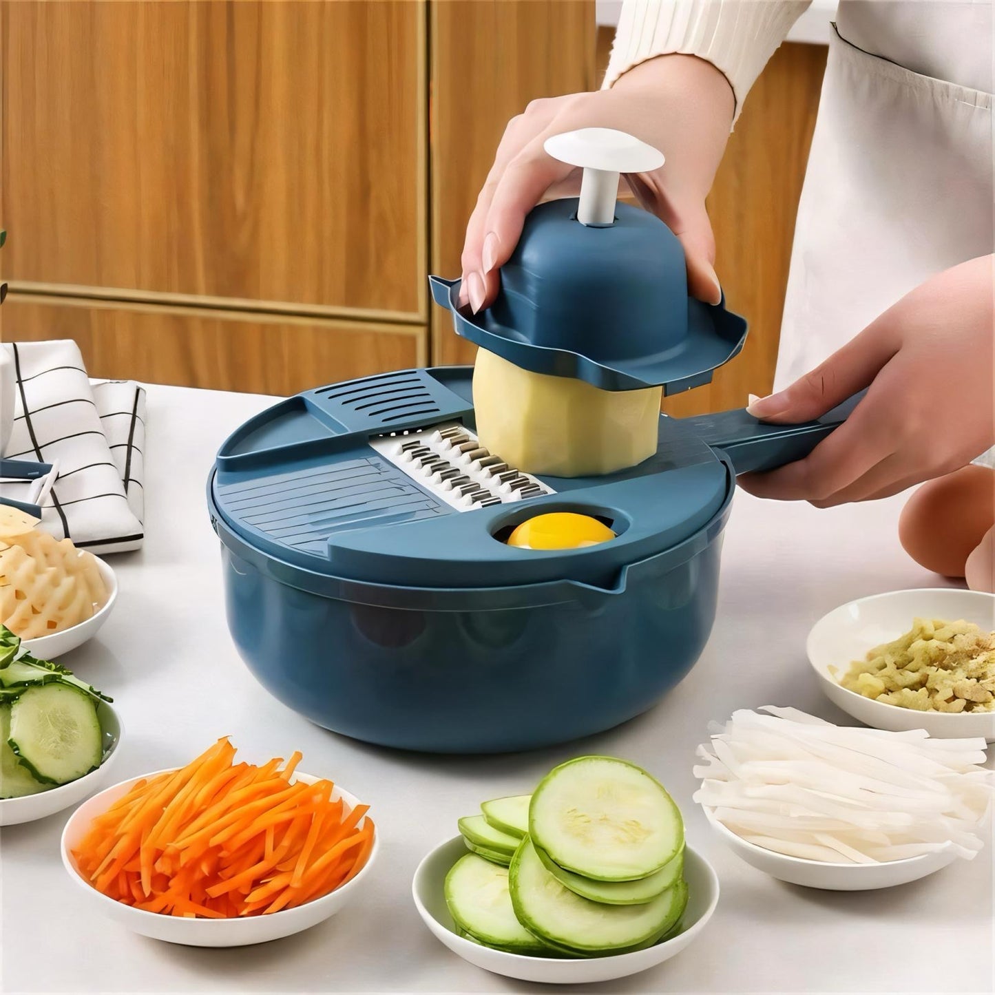 Multifunktionale 16-in-1 Gemüseschneider & Mandoline | Hochwertiger Küchenhobel mit Edelstahlklingen | Inklusive Abtropfkorb, Handschutz & Aufbewahrung | Perfekt für Gemüse, Obst & Käse