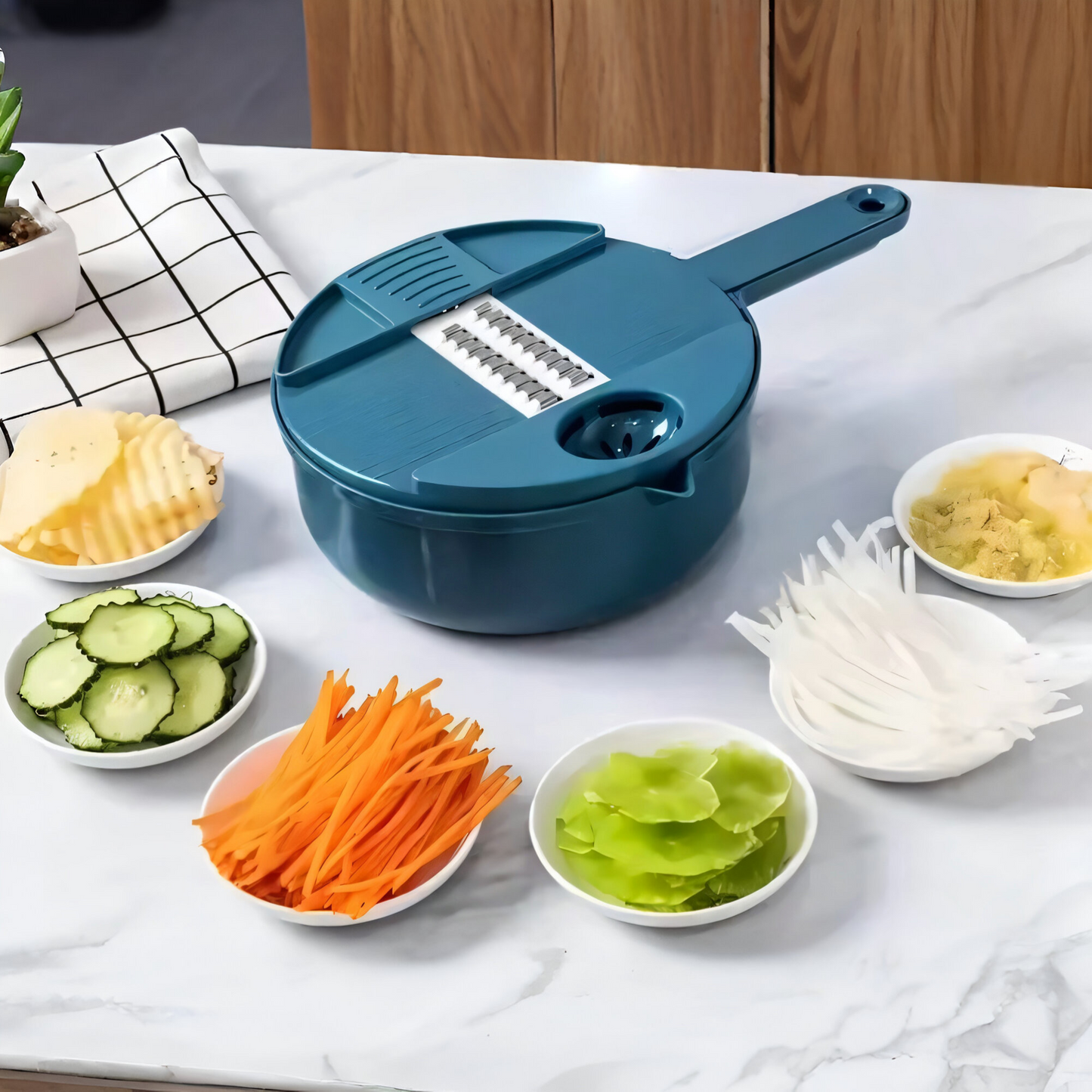 Multifunktionale 16-in-1 Gemüseschneider & Mandoline | Hochwertiger Küchenhobel mit Edelstahlklingen | Inklusive Abtropfkorb, Handschutz & Aufbewahrung | Perfekt für Gemüse, Obst & Käse