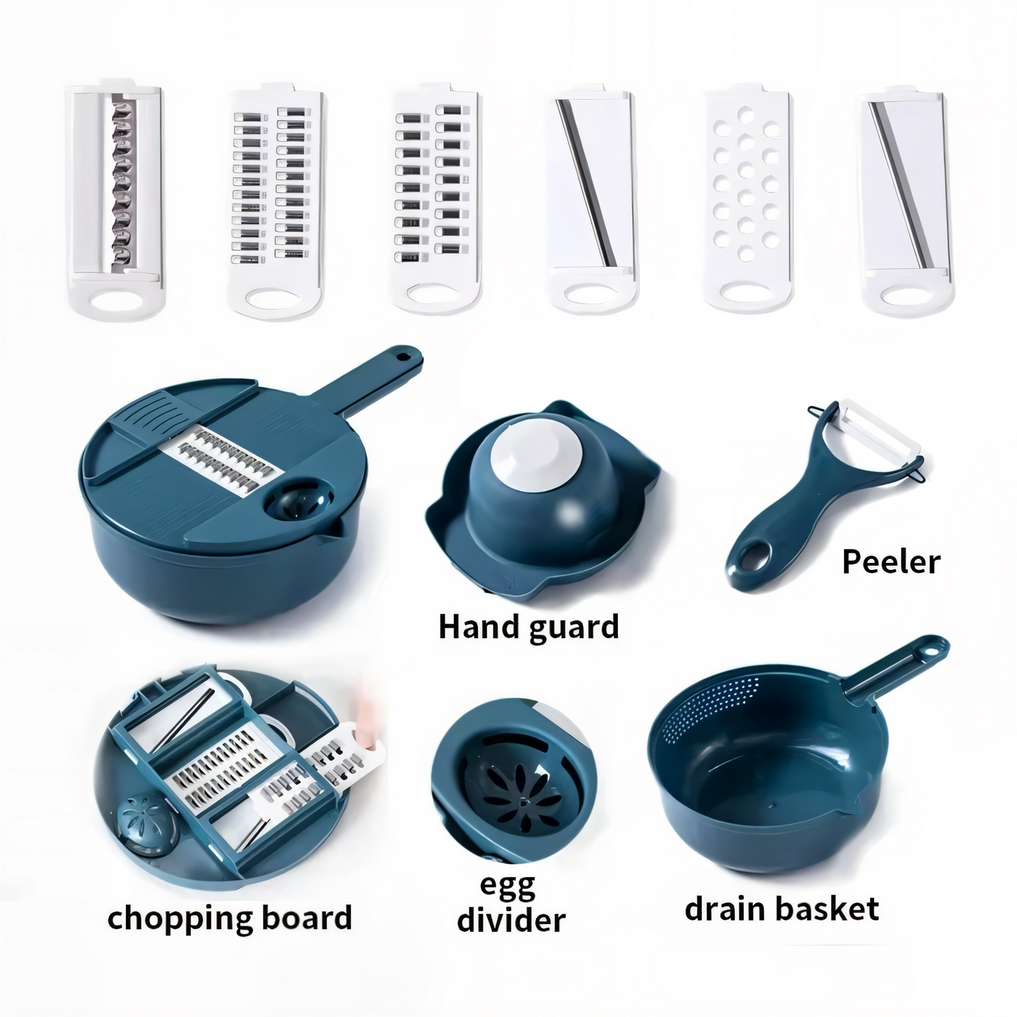 Multifunktionale 16-in-1 Gemüseschneider & Mandoline | Hochwertiger Küchenhobel mit Edelstahlklingen | Inklusive Abtropfkorb, Handschutz & Aufbewahrung | Perfekt für Gemüse, Obst & Käse