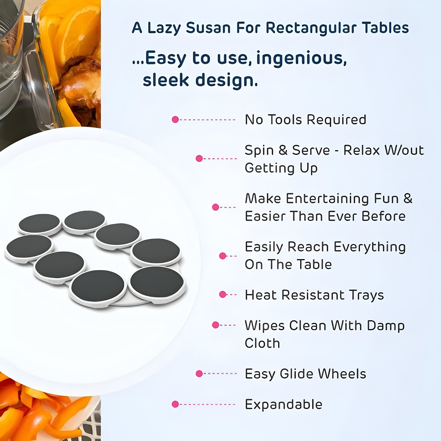 Lazy Susan Revolution – Erweiterbare 360° Drehtablett für Rechteckige Esstische | Modernes, Rutschfestes & Hitzebeständiges Serviergestell mit Leichtlaufrollen | Perfekt für Familienessen & Partys